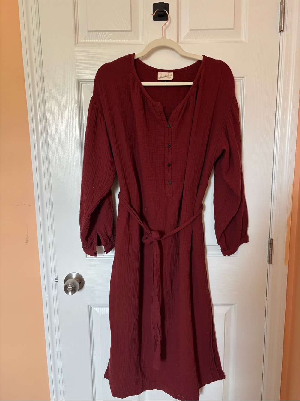 Womens Burgundy Button-Front Tie-Waist Dress